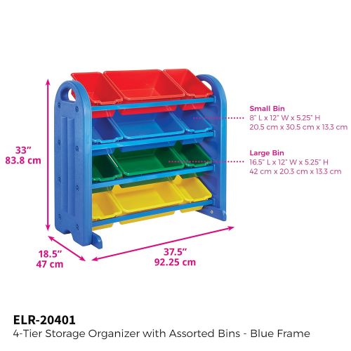  ECR4Kids 3Tier Toy Storage Organizer for Kids, Blue with 12 Assorted Color Bins