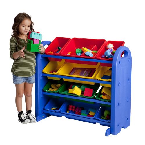  ECR4Kids 3Tier Toy Storage Organizer for Kids, Blue with 12 Assorted Color Bins