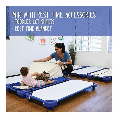  ECR4Kids Stackable Kiddie Cot, Toddler Size, Classroom Furniture, Blue, 6-Pack