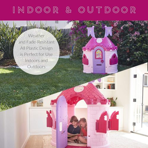  [아마존베스트]ECR4Kids Junior Princess Palace Playhouse, Pink Castle Playhouse with Working Doorbell, Full-Sized Door with Mail Slot and Shutters, Indoor or Outdoor Play, Over 6 Feet Tall