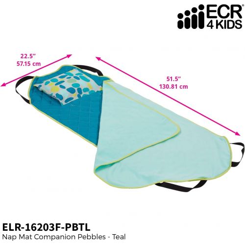  [아마존베스트]ECR4Kids Toddler Nap Mat Companion - Portable All-in-One Preschool/Daycare Nap Bundle with Built-in Liner, Blanket and Removable Pillow, Teal Pebbles Design