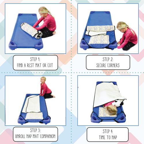  [아마존베스트]ECR4Kids Toddler Nap Mat Companion - Portable All-in-One Preschool/Daycare Nap Bundle with Built-in Liner, Blanket and Removable Pillow, Teal Pebbles Design