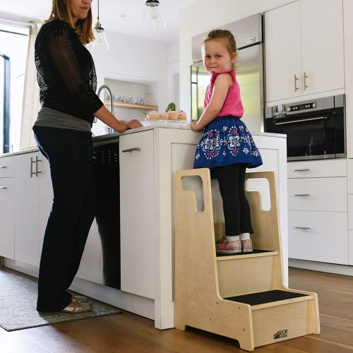  ECR4Kids ELR-17429 Reach-Up Step Stool with Support Handles and Non-Slip, Two Step Counter Height Hardwood Stepping Stool for Kids and Toddlers, Natural Finish