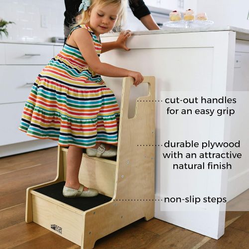  ECR4Kids ELR-17429 Reach-Up Step Stool with Support Handles and Non-Slip, Two Step Counter Height Hardwood Stepping Stool for Kids and Toddlers, Natural Finish