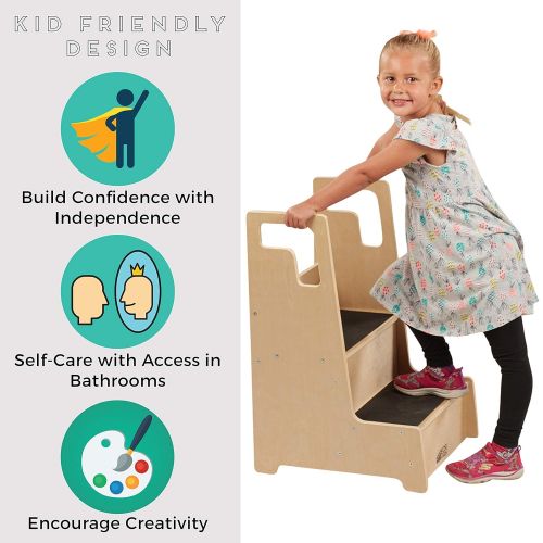  ECR4Kids ELR-17429 Reach-Up Step Stool with Support Handles and Non-Slip, Two Step Counter Height Hardwood Stepping Stool for Kids and Toddlers, Natural Finish