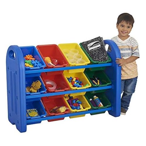  ECR4Kids 3-Tier Toy Storage Organizer with Bins, Blue with 12 Assorted-Color Bins, GREENGUARD Gold Certified Toy Organizer and Storage for Kids’ Toys, Kids’ Toy Storage