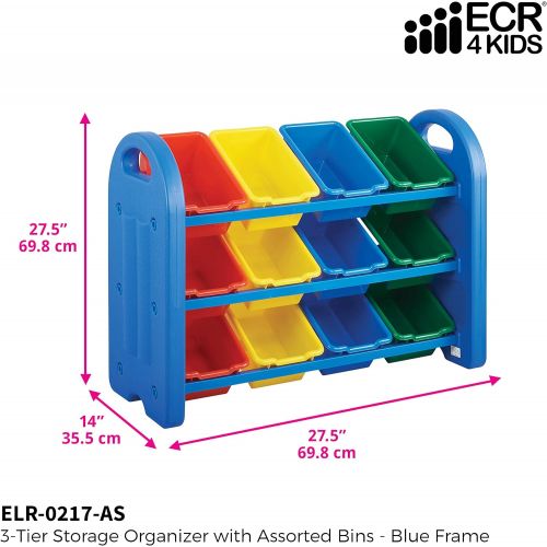  ECR4Kids 3-Tier Toy Storage Organizer with Bins, Blue with 12 Assorted-Color Bins, GREENGUARD Gold Certified Toy Organizer and Storage for Kids’ Toys, Kids’ Toy Storage