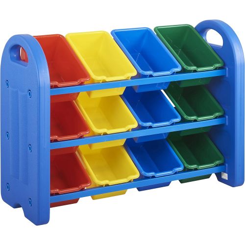  ECR4Kids 3-Tier Toy Storage Organizer with Bins, Blue with 12 Assorted-Color Bins, GREENGUARD Gold Certified Toy Organizer and Storage for Kids’ Toys, Kids’ Toy Storage