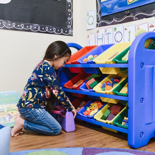  ECR4Kids 3-Tier Toy Storage Organizer with Bins, Blue with 12 Assorted-Color Bins, GREENGUARD Gold Certified Toy Organizer and Storage for Kids’ Toys, Kids’ Toy Storage