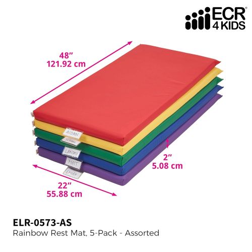  ECR4Kids 2 Thick Rainbow Rest Nap Mats with Name Tag Holder, Assorted (5-Pack)