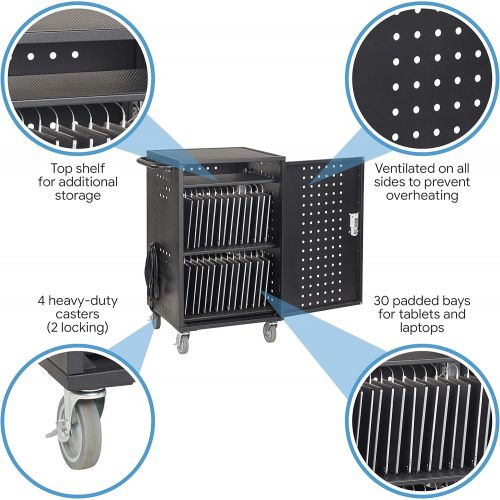 ECR4Kids 30-Bay Locking Laptop and Tablet Charging Station Cart with Keypad Entry, Computer Charging Station Cabinet, Secure Storage, Portable, Assembly Required, Black