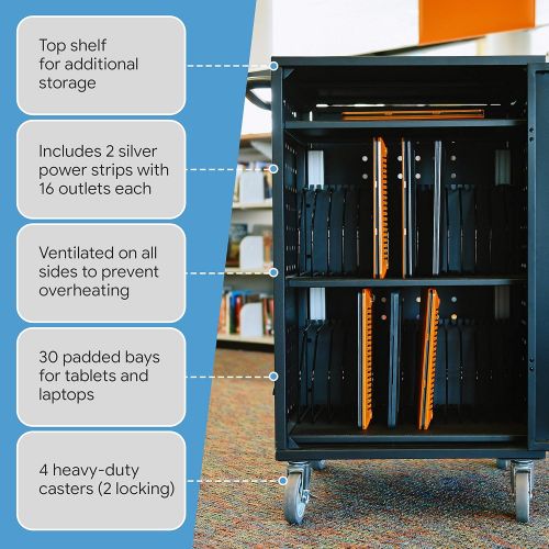  ECR4Kids 30-Bay Locking Laptop and Tablet Charging Station Cart with Keypad Entry, Computer Charging Station Cabinet, Secure Storage, Portable, Assembly Required, Black