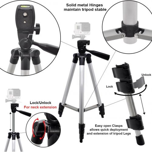  50 Aluminum Camera Tripod with Built in Bubble Level Indicator for All GoPro HERO Cameras + Tripod Mount & an eCostConnection Microfiber Cloth