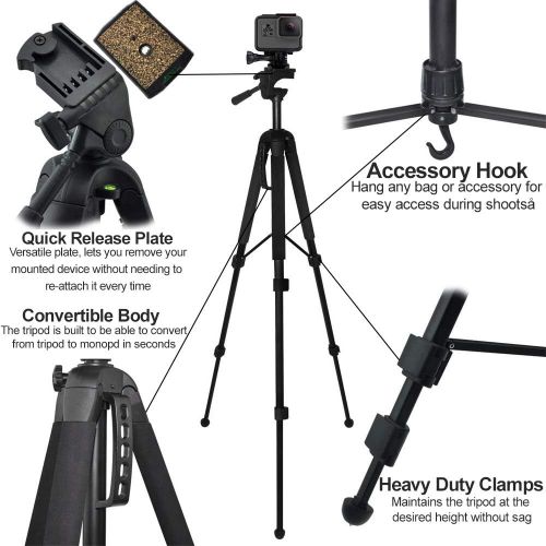  ECostConnection 68” Elite Series Professional Heavy Duty Convertible Tripod/Monopod for All GoPro Hero1,2,3,4,5,6,7,8 Black, Session Cameras + eCost Microfiber Cloth