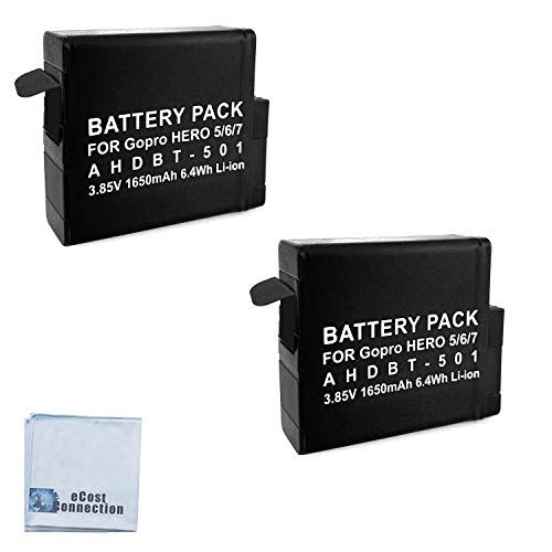  2 Replacement Batteries AHDBT 501 for GoPro Hero 5, 6, 7 Silver and Black Edition Includes eCostConnection Microfiber Cloth