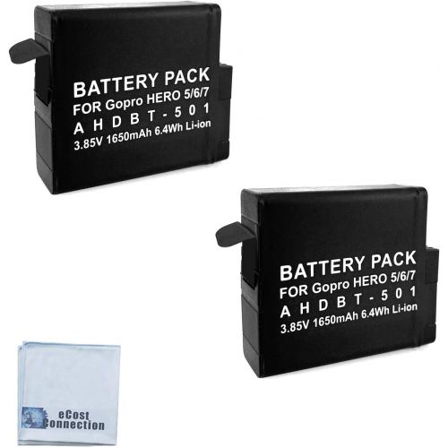  2 Replacement Batteries AHDBT 501 for GoPro Hero 5, 6, 7 Silver and Black Edition Includes eCostConnection Microfiber Cloth