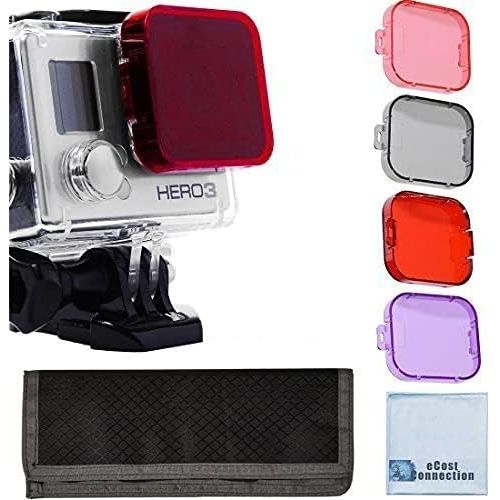  ECostConnection 4pc Filter Kit For GoPro Hero 3 Large Dive case. Filters come w/ Soft case. Red, Purple, Pink and Gray Colors. Scuba Green Water, Scuba Tropical Water, ND & Warming Filters & an eC