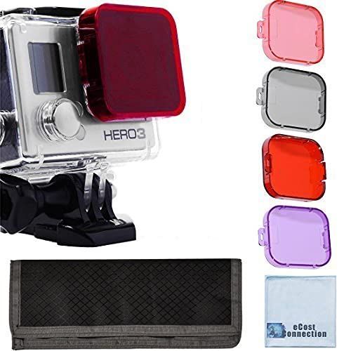  ECostConnection 4pc Filter Kit For GoPro Hero 3 Large Dive case. Filters come w/ Soft case. Red, Purple, Pink and Gray Colors. Scuba Green Water, Scuba Tropical Water, ND & Warming Filters & an eC