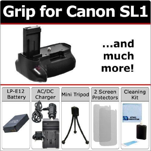  ECostConnection Professional Vertical Battery Grip for Canon SL1 Camera with Remote Control + LP-E12 Long Life Battery + Home and Car ACDC Charger + eCostConnection Complete Starter Kit