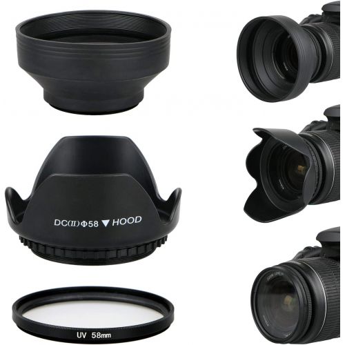  EEEKit 58mm Hard Lens Hood + 58mm Soft Lens Hood + 58mm UV Filter Lens Kit for Canon Rebel T7i T6S T6i T6 T5i T5 T4i T3i T3 T2i T1i XT XTi XSi SL1