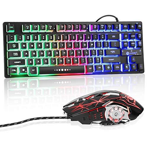  EEEKit Wired Gaming Keyboard and Mouse Combo RGB Backlit Gaming Keyboard with Multimedia Keys Wrist Rest and Red Backlit Gaming Mouse 3200 DPI for Windows PC Gamers (Black)