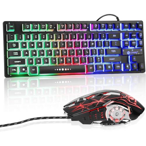 EEEKit Wired Gaming Keyboard and Mouse Combo RGB Backlit Gaming Keyboard with Multimedia Keys Wrist Rest and Red Backlit Gaming Mouse 3200 DPI for Windows PC Gamers (Black)