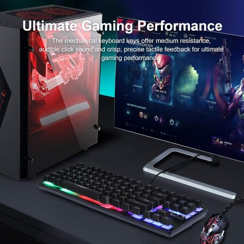  EEEKit Wired Gaming Keyboard and Mouse Combo RGB Backlit Gaming Keyboard with Multimedia Keys Wrist Rest and Red Backlit Gaming Mouse 3200 DPI for Windows PC Gamers (Black)