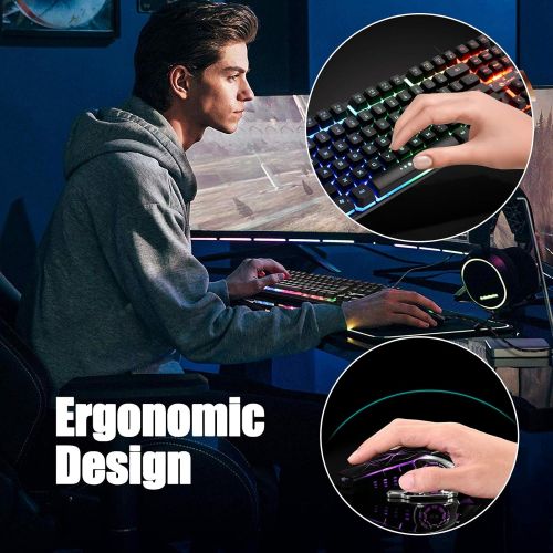  EEEKit Wired Gaming Keyboard and Mouse Combo RGB Backlit Gaming Keyboard with Multimedia Keys Wrist Rest and Red Backlit Gaming Mouse 3200 DPI for Windows PC Gamers (Black)