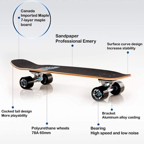  EEGUAI Skateboards for Beginners, 28.5 Inch Complete Skateboard for Kids Teens Adults, 7 Layer Maple Double Kick Deck Concave Trick Skateboard (Color : D)