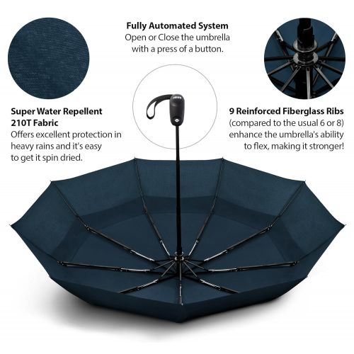  EEZ-Y Compact Travel Umbrella with Windproof Double Canopy Construction - Sturdy, Portable and Lightweight for Easy Carrying - Auto Open Close Button for One Handed Operation