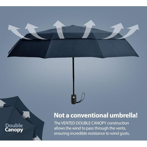  EEZ-Y Compact Travel Umbrella with Windproof Double Canopy Construction - Sturdy, Portable and Lightweight for Easy Carrying - Auto Open Close Button for One Handed Operation