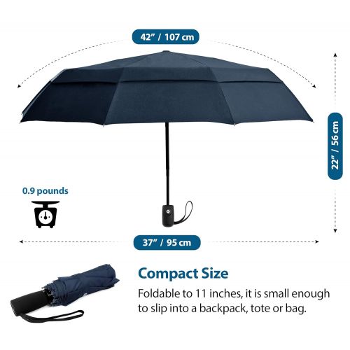  EEZ-Y Compact Travel Umbrella with Windproof Double Canopy Construction - Sturdy, Portable and Lightweight for Easy Carrying - Auto Open Close Button for One Handed Operation