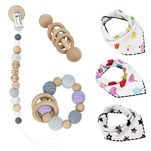  EFFUN Baby Wooden Rattle, Baby teethers, Natural Wood Baby teether Bracelet, 6Pc DIY Teething Toys, Relieve Teething Pain for Toddlers with 3 Bibs Gift