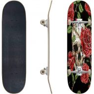 EFTOWEL Skateboards Seamless Vector Pattern of Skull and red Roses with Stems and Leaves Classic Concave Skateboard Cool Stuff Teen Gifts Longboard Extreme Sports for Beginners and