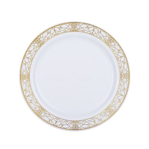  EFavormart Efavormart 50 Pcs - White Disposable Round Salad Dessert Plate With Heritage Lace Rim for Wedding Party Banquet Events Decoration