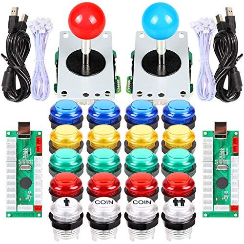  EG STARTS Classic Arcade DIY Kit Parts 2x USB LED Encoder To PC Consols Games + 2x 4/8 Ways Joystick + 20x 5V Illuminated Push Buttons For Mame Jamma ( Red / Blue Stick + MIX Color