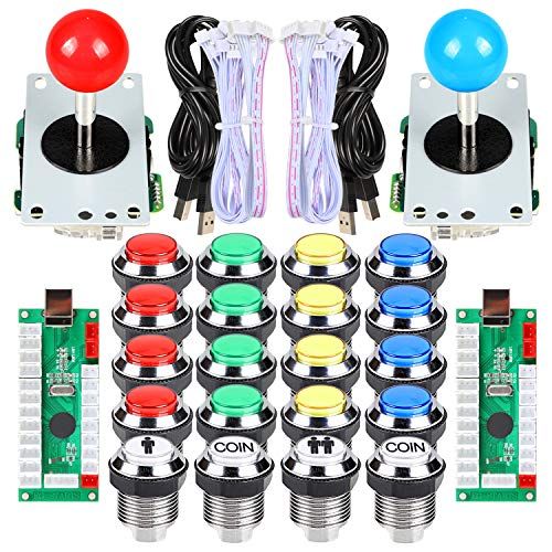  [아마존베스트]EG STARTS 2 Spieler Klassische Arcade Wettbewerb DIY Kits USB Encoder Zum PC Joystick + 8 Moeglichkeiten Aufkleber Chrome LED Leuchttaste 1 2 Spieler Muenze Tasten Fuer Arcade Mame Ra