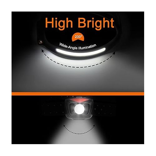  Headlamp Flashlight, 2Pack Rechargeable LED Headlamps 1200Lumens 2 COB 230°Wide Beam Headlight with Motion Sensor Bright 5 Modes Lightweight Waterproof Head Lamp for Outdoor Running, Camping Hiking