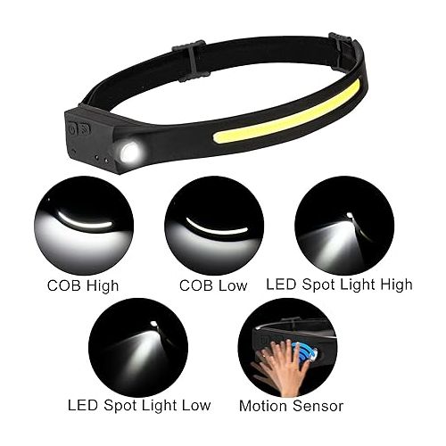  Headlamp Flashlight, 2Pack Rechargeable LED Headlamps 1200Lumens 2 COB 230°Wide Beam Headlight with Motion Sensor Bright 5 Modes Lightweight Waterproof Head Lamp for Outdoor Running, Camping Hiking