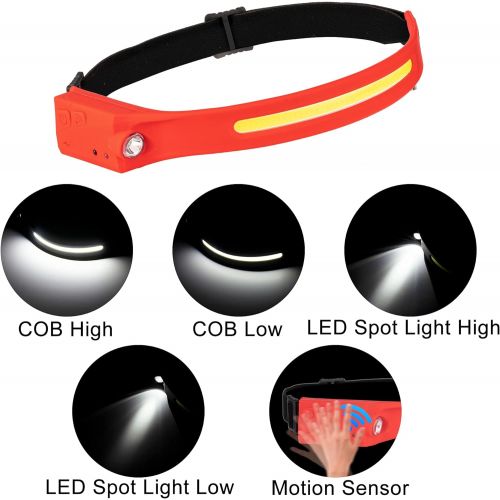  EGUKU Headlamp Flashlight, Rechargeable LED Headlamps 1200Lumens 2 COB 230°Wide Beam Headlight with Motion Sensor Bright 5 Modes Lightweight Waterproof Head Lamp for Outdoor Running, Cam