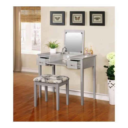  EHOME SUPERSTORE LLC Vanity Set with Flip Top Mirror & Stool, Silver, The Spacious Table Top Has Room for an Array of Cosmetic, Jewelry and Beauty Supplies, Ideal for Teens and Adults, Thickly Padded U