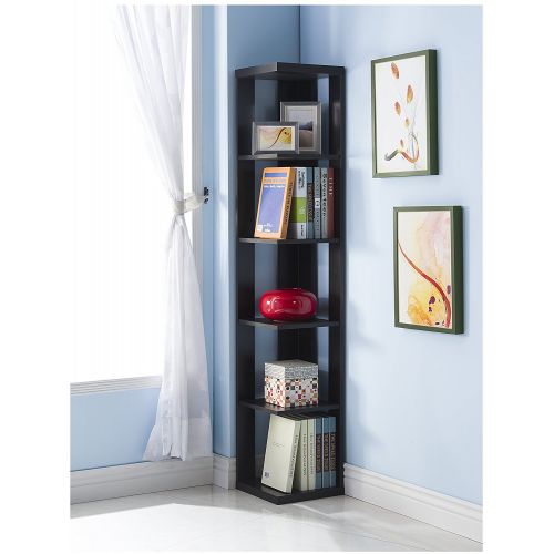  EHomeProducts Black Finish Wood Wall Corner 5-Tier Bookshelf Bookcase