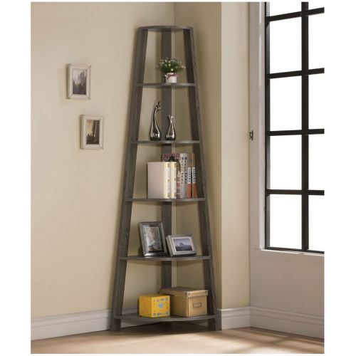  EHomeProducts Weathered Grey Finish Wood Wall Corner 5-Tier Bookshelf Bookcase Accent Etagere