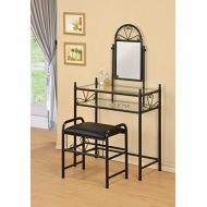 EHomeProducts 3-Piece Metal Make-Up Heart Mirror Vanity Dresser Table and Stool Set, Black