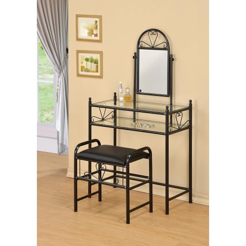  EHomeProducts 3-Piece Metal Make-Up Heart Mirror Vanity Dresser Table and Stool Set, Black