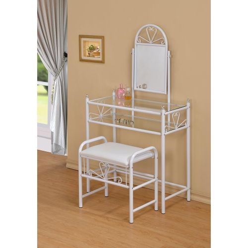  EHomeProducts 3-Piece Metal Make-Up Heart Mirror Vanity Dresser Table and Stool Set, White