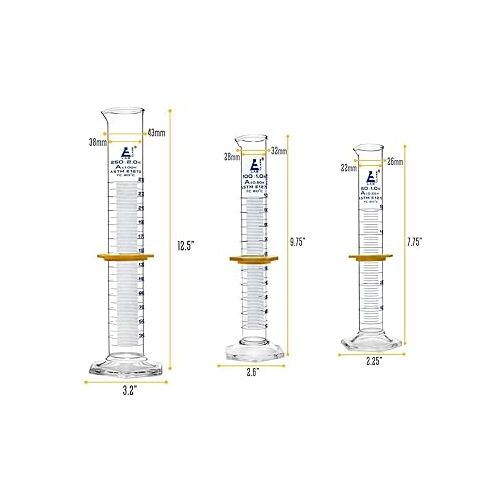  EISCO Premium Graduated Cylinder Set - 50mL, 100mL & 250mL - ASTM, Class A - Protective Collars, Hexagonal Base - Blue Graduations - Borosilicate 3.3 Glass