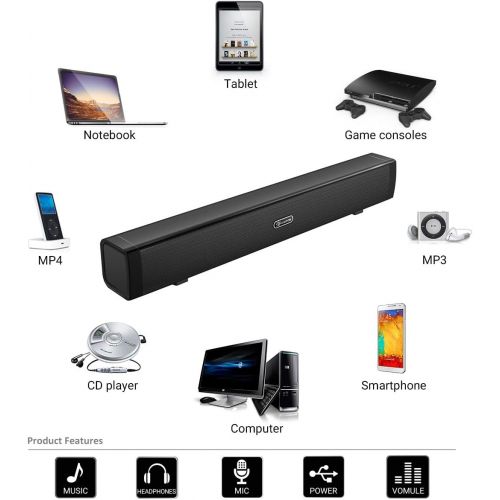 [아마존베스트]USB Computer Speakers, EIVOTOR Wired Computer Sound Bar, Stereo USB Powered Mini Soundbar Speaker for PC Cellphone Tablets Desktop Laptop TV (Black)