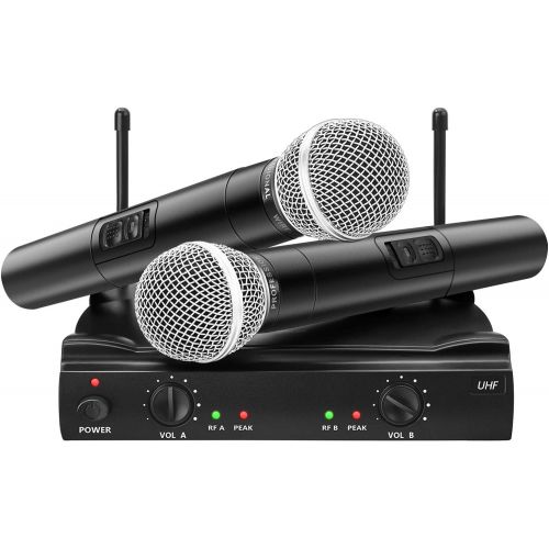  UHF Wireless Microphone System, EIVOTOR Dual Channel Handheld Wireless Microphone with Professional Karaoke Receiver and 2 Handheld Dynamic Mics Set, for Home Party, KTV, Meeting,