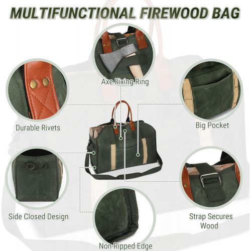  EIVOTOR Multifunction Firewood Carrier Bag, Extra Large Waxed Canvas Wood Log Carrier for Firewood with Soft Handles and Adjustable Shoulder Strap, Firewood Holder Tote Bag for Ind